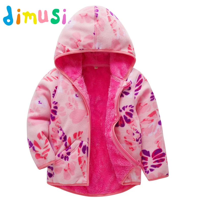 DIMUSI Spring Autumn Kids Jacket Outdoor Casual Fleece Hooded Girls Fleece Coat Fashion Printed Warm Tops Children's Clothing