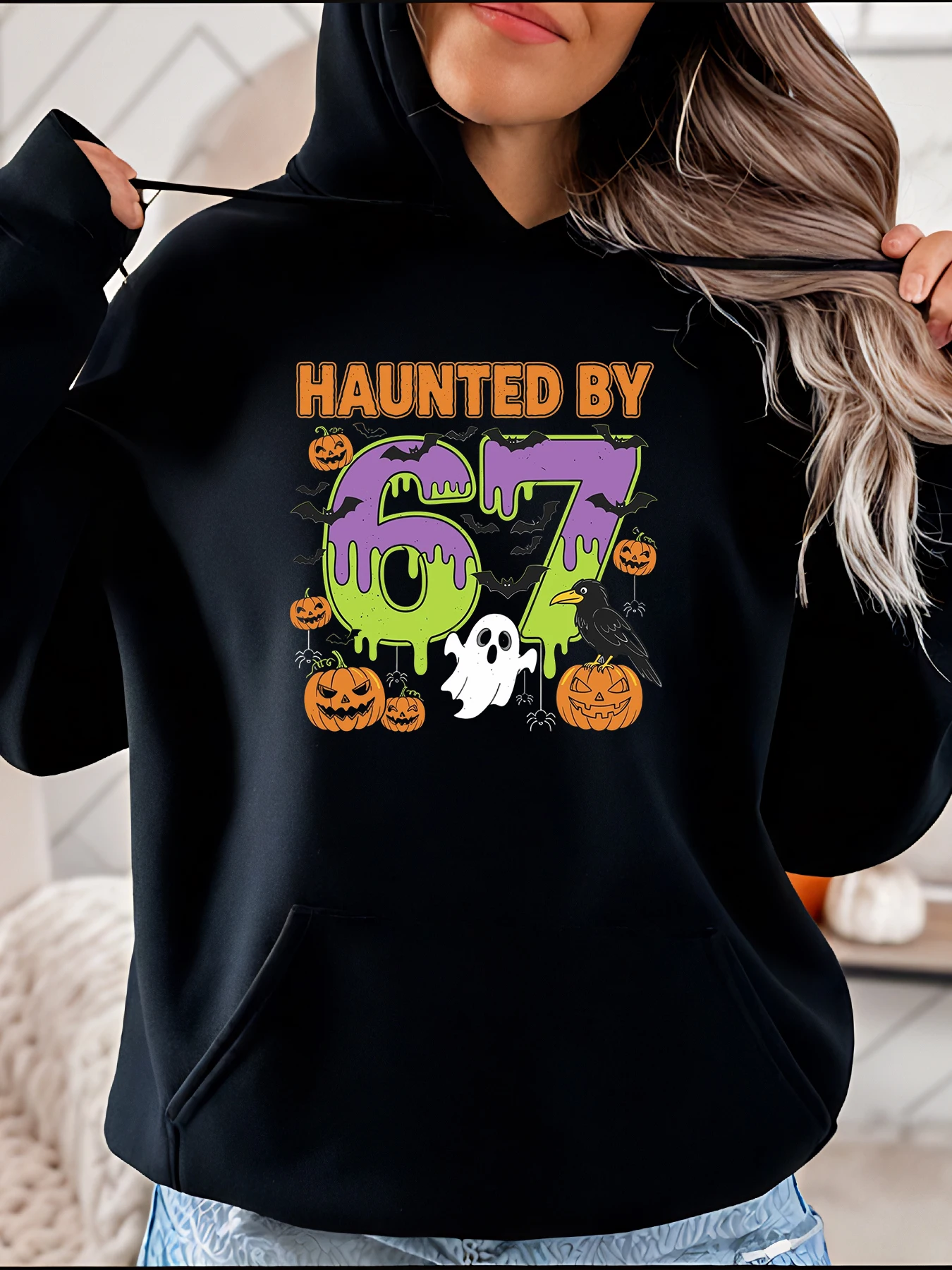 

Halloween Hoodie Haunted by 67 Pumpkin Ghost Raven Print Women's Casual Sweatshirt Autumn Party Costume Wear