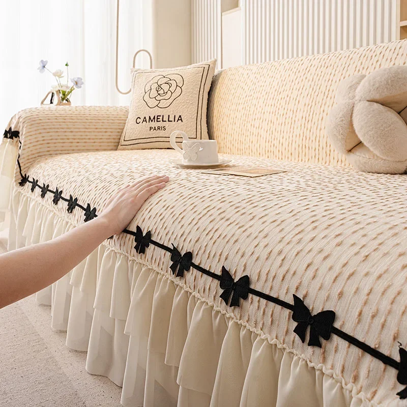 French Skirt Edge Sofa Towel with Bow Tie Luxury Striped Sofa Protector for All Seasons Beautiful All Inclusive Home Accessories