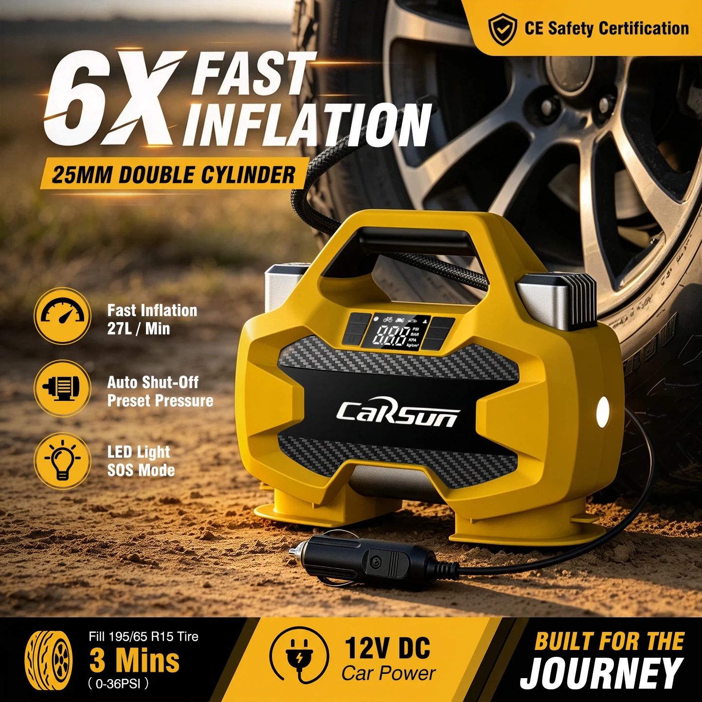 CARSUN Never Get Stranded 12V Tire Inflator 80PSI Double Cylinder Air Compressor 180W Fast Inflation LED for SUV Pickup CE