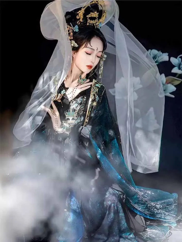 

Chinese Hanfu Dress Women Traditional Embroidery Black&Blue Hanfu Halloween Carnival Fairy Cosplay Costume Stage Hanfu Costume