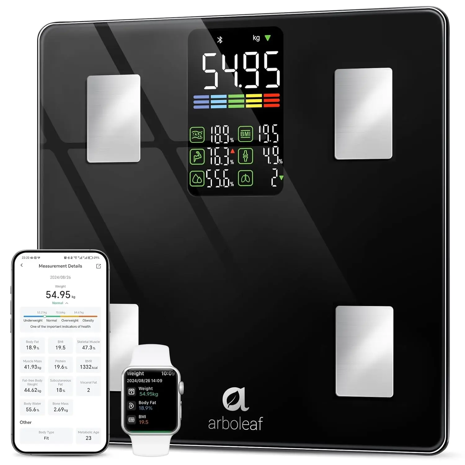 

Smart Body Scale with BMI, Fat & Muscle Analysis, 14 Metrics, Large LED Display, App Sync for Fitness Tracking