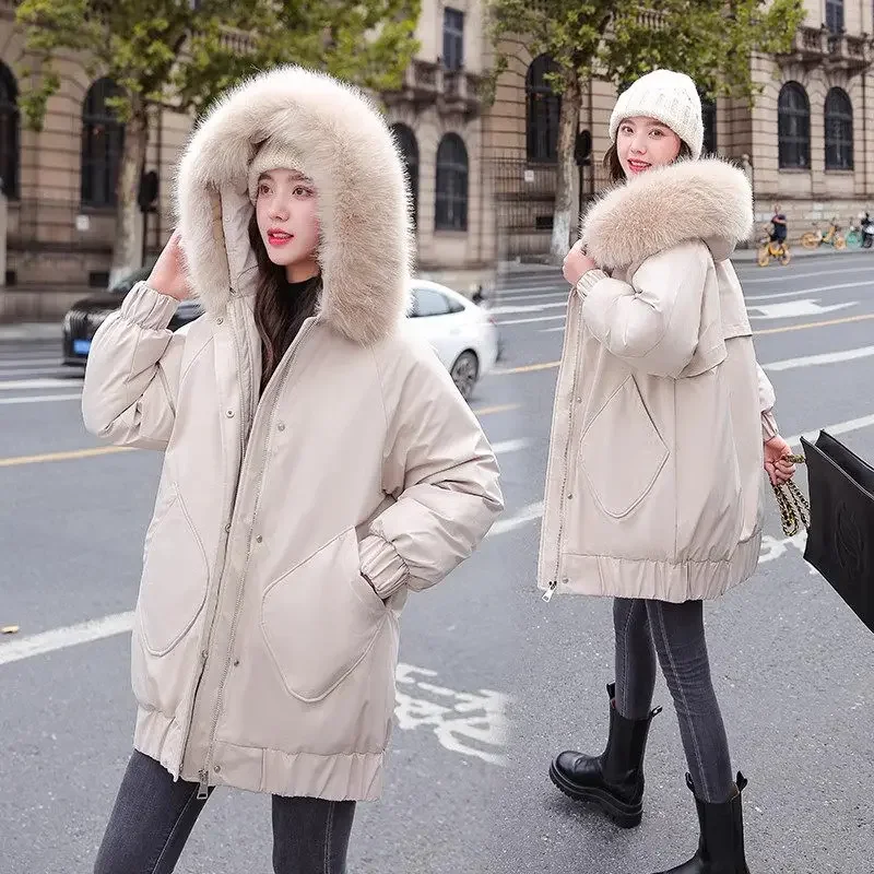 Pink Parkas Winter Jacket Women Big Fur Collar Hooded Down Cotton Coat Mid Length Thickened Loose Warm Large Size Overcoat Z3269