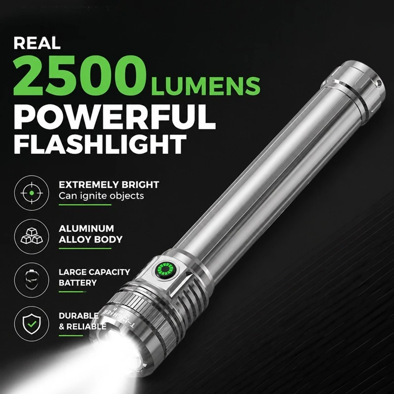 High Power Protective Flashlight Aluminum Alloy Long Endurance Adjustable Focus Bright for Outdoor Emergency Work Lighting