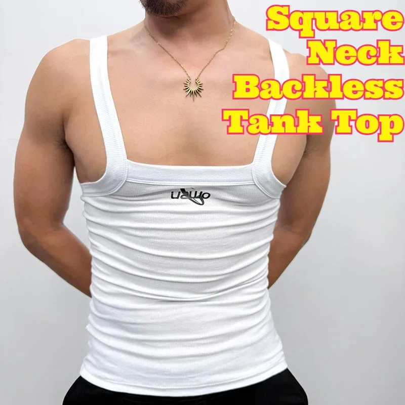 Men's Square Neck Low Cut Backless Cross Strap Elastic Tank Top Sleeveless Summer Nightclub Rave Sporty Gym Workout Bodybuilding