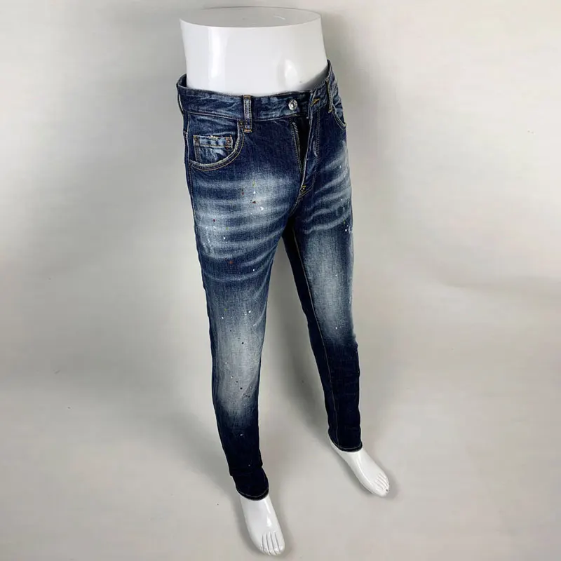 Fashion Streetwear Men Jeans High Quality Retro Blue Stretch Slim Fit Ripped Jeans Men Painted Designer Vintage Brand Pants