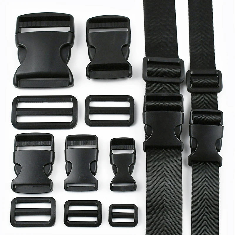2/5/10Sets 20-38mm Black Nylon Webbing Tape Tri-Glide Slider Buckle Plastic Side Release Hook for Backpack Strap Bag Repair Kits
