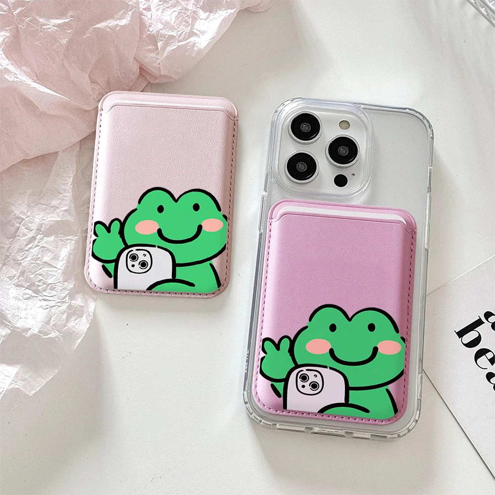 

Aesthetic Selfie Cartoon Frog Leather Phone Card Wallet For Magsafe Slim Back Pocket Case Shockproof Durable Stylish Design