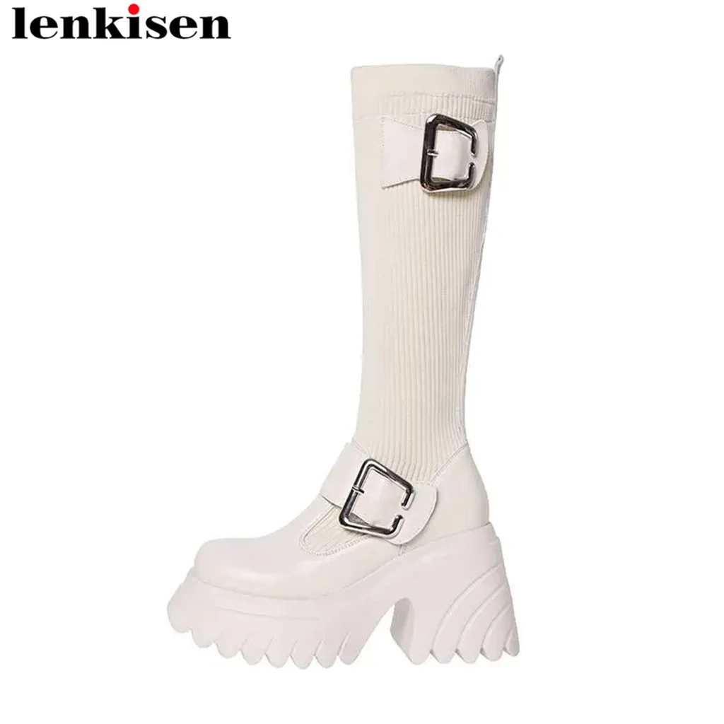 

Lenkisen Cow Leather Knitting Round Toe Thick Bottom Winter Stretch Boots Platform Slip On Metal Buckle Elegant Thigh High Boots