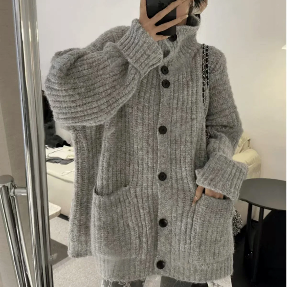 

Autumn Winter Warm Cardigan Casual Comfortable High Collar Knitted Sweater Coat Women's Loose Thiened Korean Sle