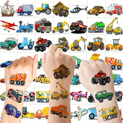 50 pçs construção em massa tatuagens temporárias para meninos meninas rosto braço 3d escavadeira bulldozer caminhão carro de corrida falso tatuagem adesivo