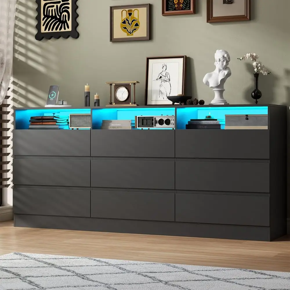 Bedroom Power Outlet Cabinet with LED Lights, Chest of Drawers or Closet Organizer, Wooden Drawers Storage for Living Spaces