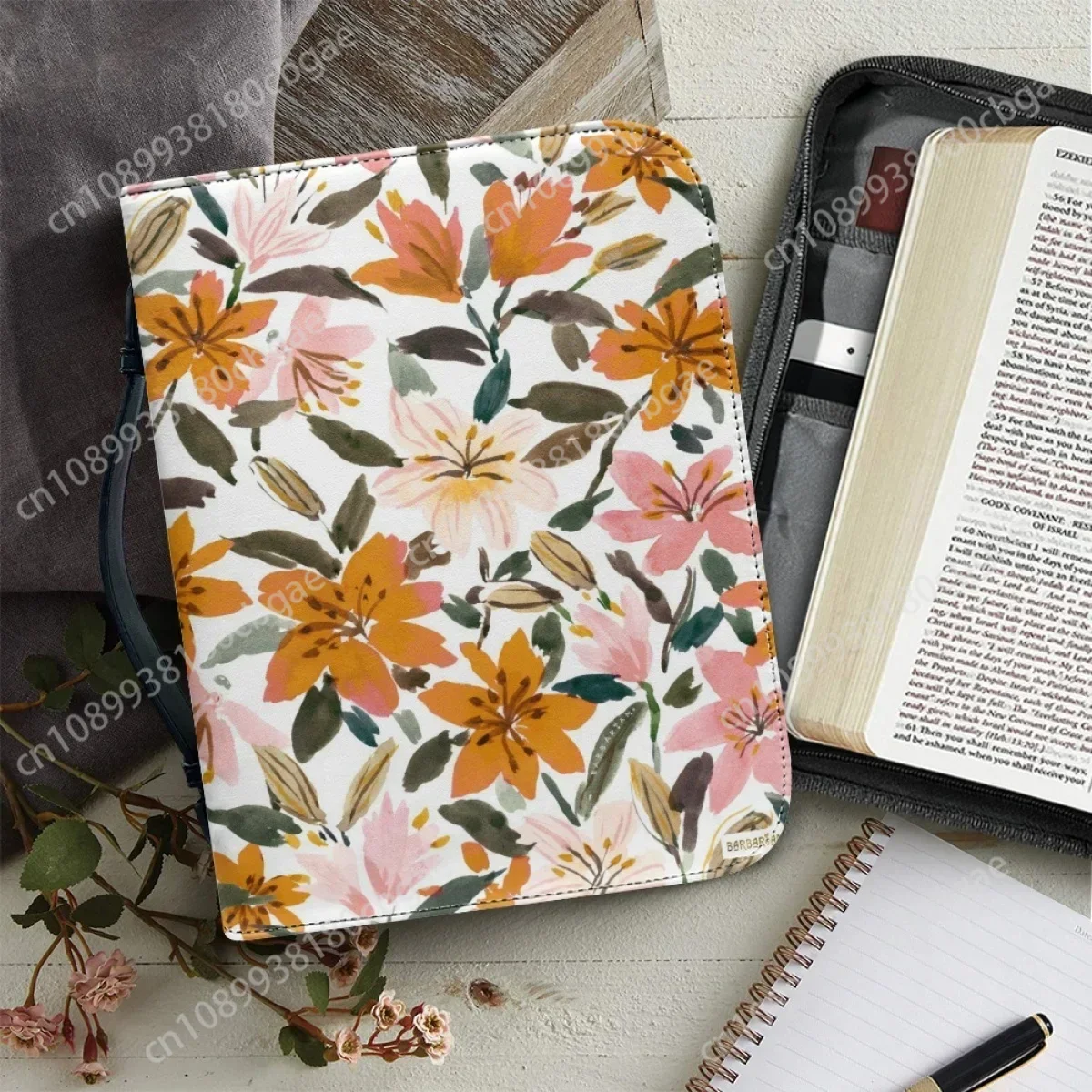 Trendy Art Floral Pattern Print Bible Bag for Women Leather Zippered Handle Handbags Hot Bible Study Book Holy Storage Boxes