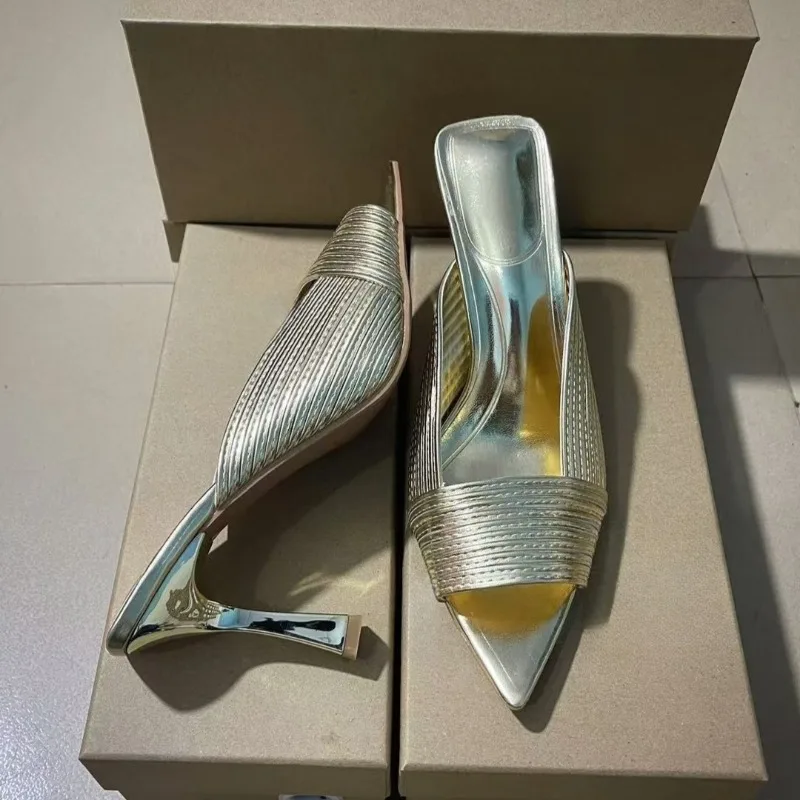 Sexy Peep Toe Wome Mules Shoes Luxury Gold Elegant Daily Wear Slingback Brand Design Summer High Heels Ladies Modern Sandals image 3