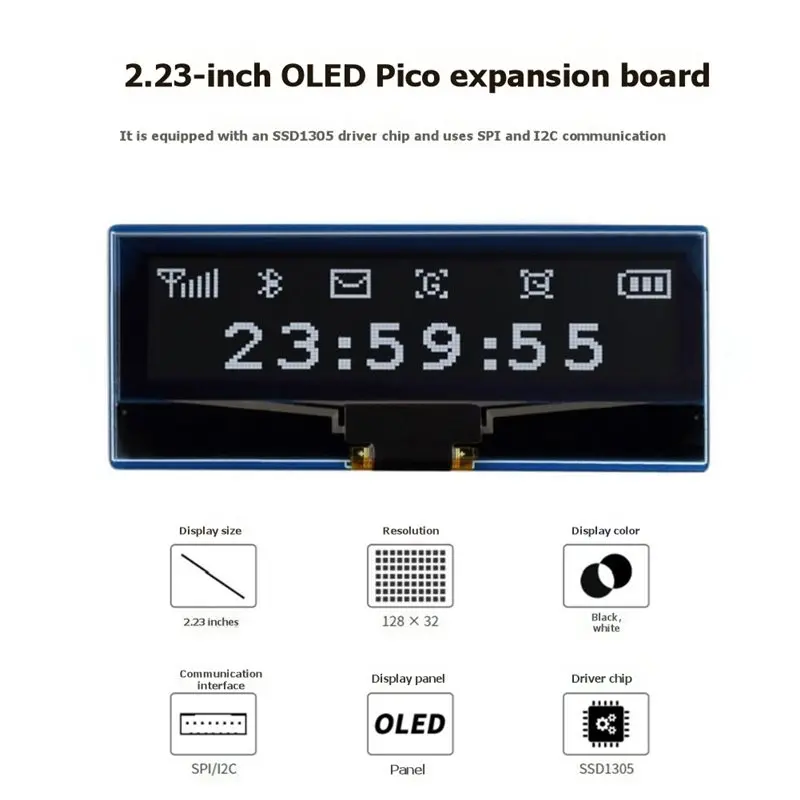 A37T-2.23Inch OLED Display Module For Raspberry Pi Pico Display SSD1305 128X32 Pixels I2C/SPI Communication