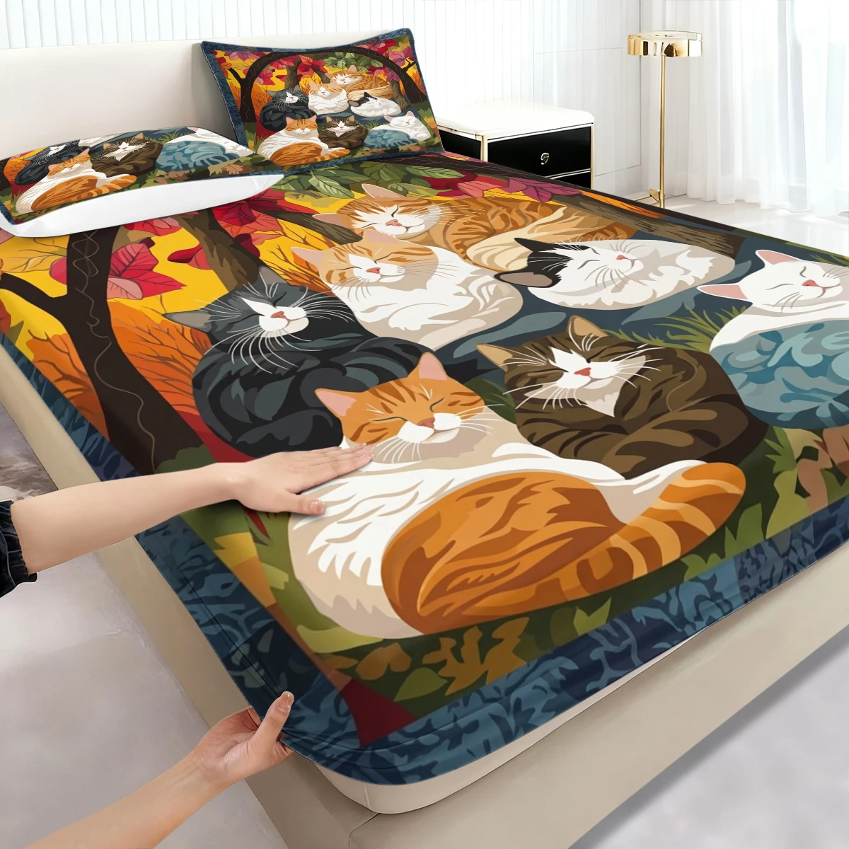 Rustic Nature Forest Kitten Fitted Sheet 3PCS, Autumn Maple Leaves Multi Color Sleeping Cat Mattress Cover with Pillowcases