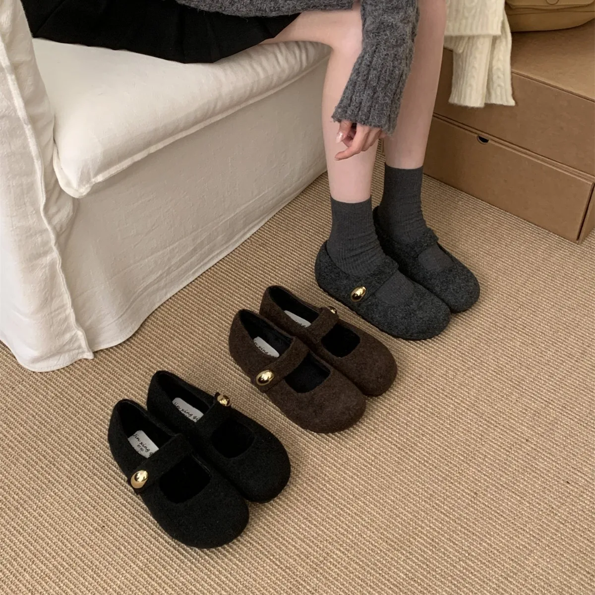 Zapatos de invierno para mujer, de estilo vintage, color gris, con forro de piel, para uso en exteriores, con punta redonda, estilo «Mary Jane», con plantilla interior para aumentar la altura y suela gruesa.