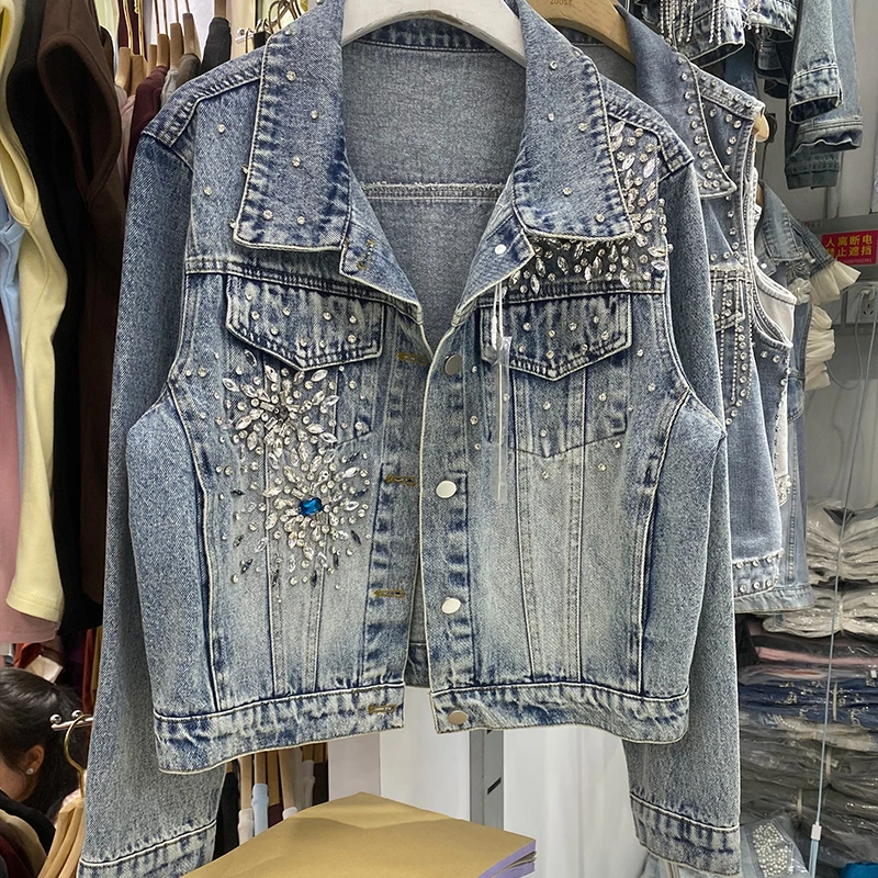 

Spring New Fashion Beaded Diamond Blue Denim Jacket Lapel Single-Breasted Long Sleeve Loose Casual Female Short Cowboy Outerwear