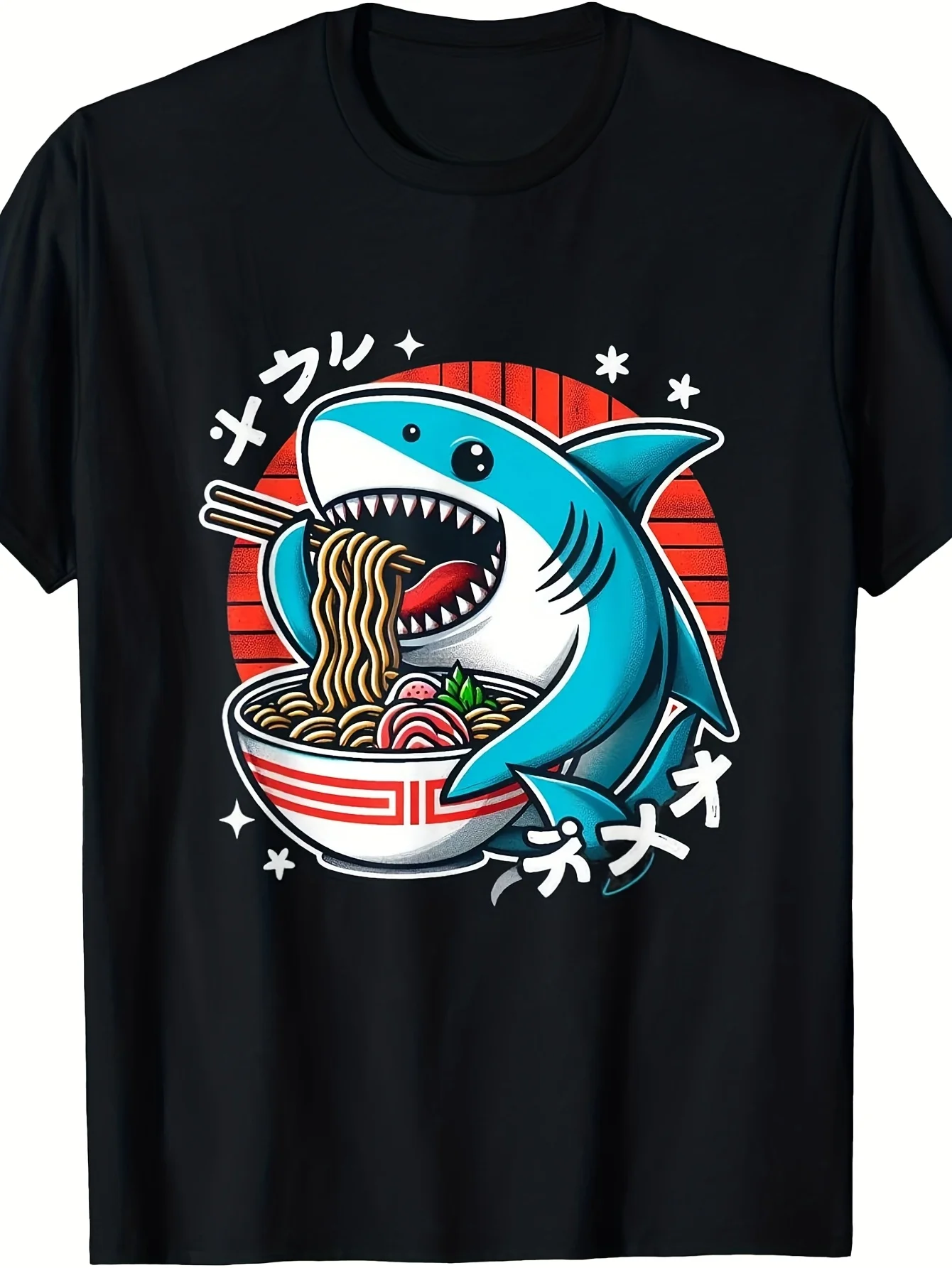 Unisex Shark Eating Ramen Cute Cat Japanese Noodle T-Shirt - 220g Heavyweight Pure Vintage Anime Print Shirt, Adorable Shark and Ramen Pattern Design, Casual Top for Japanese Culture Lovers