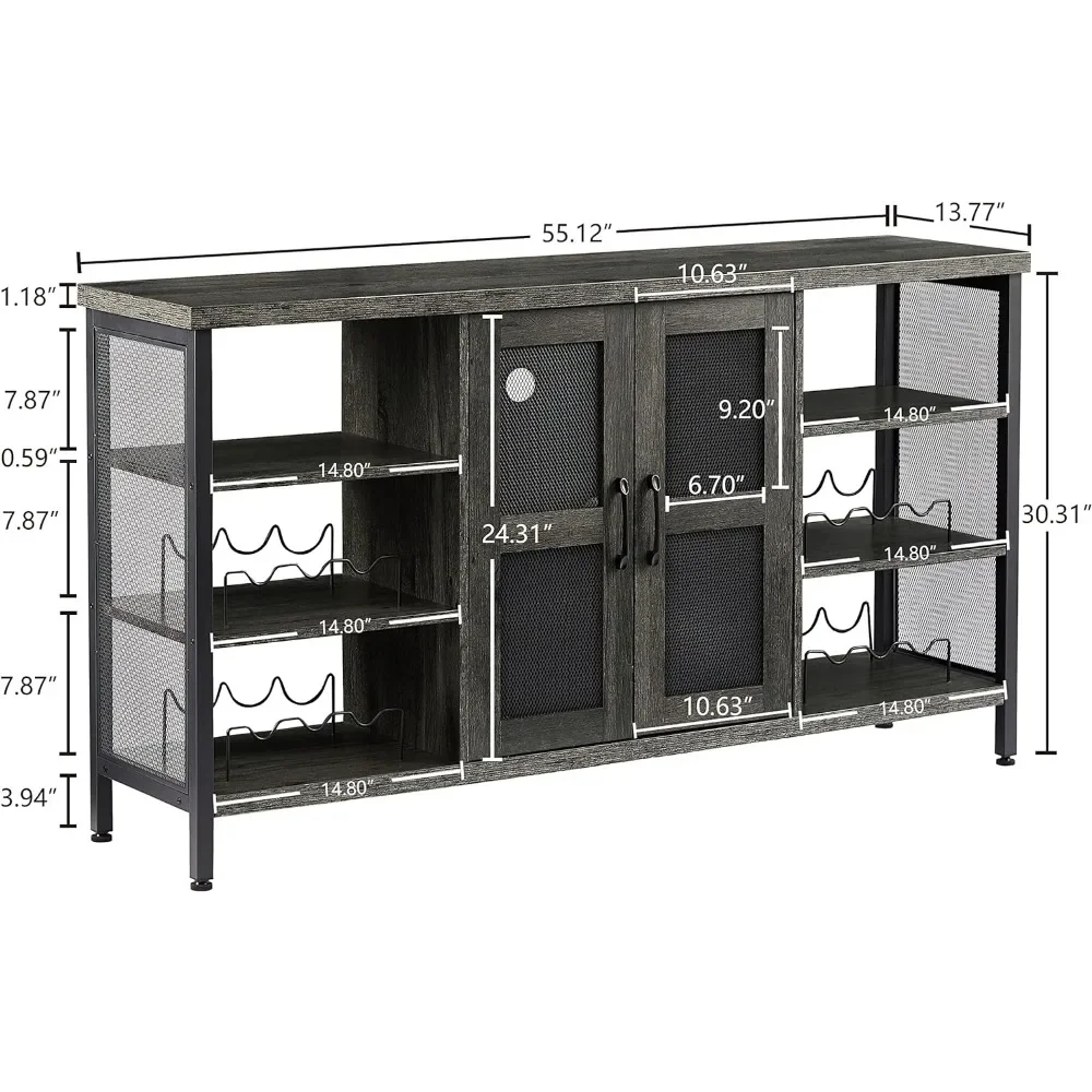 Industrial Wine Bar Cabinet with 2 Doors, Modern Buffet Sideboard w/ Wine Racks & Storage Credenza Buffet Server Cupboard Table