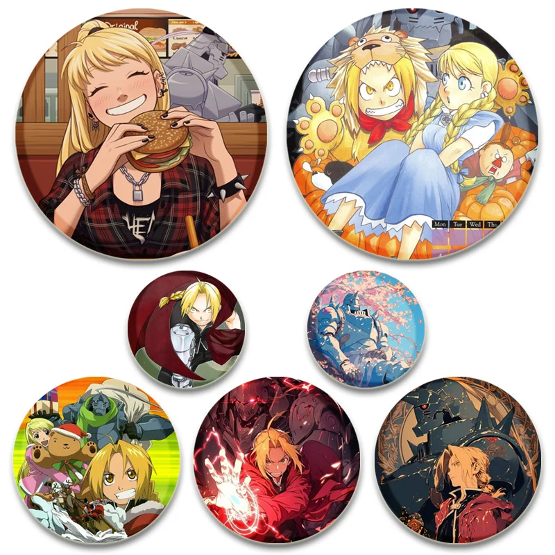 Anime Fullmetal Alchemist Brooches Cartoon Figure Edward Elric Roy Mustang Badge Button Pin Cosplay Souvenir Toy Cute Fans Gifts