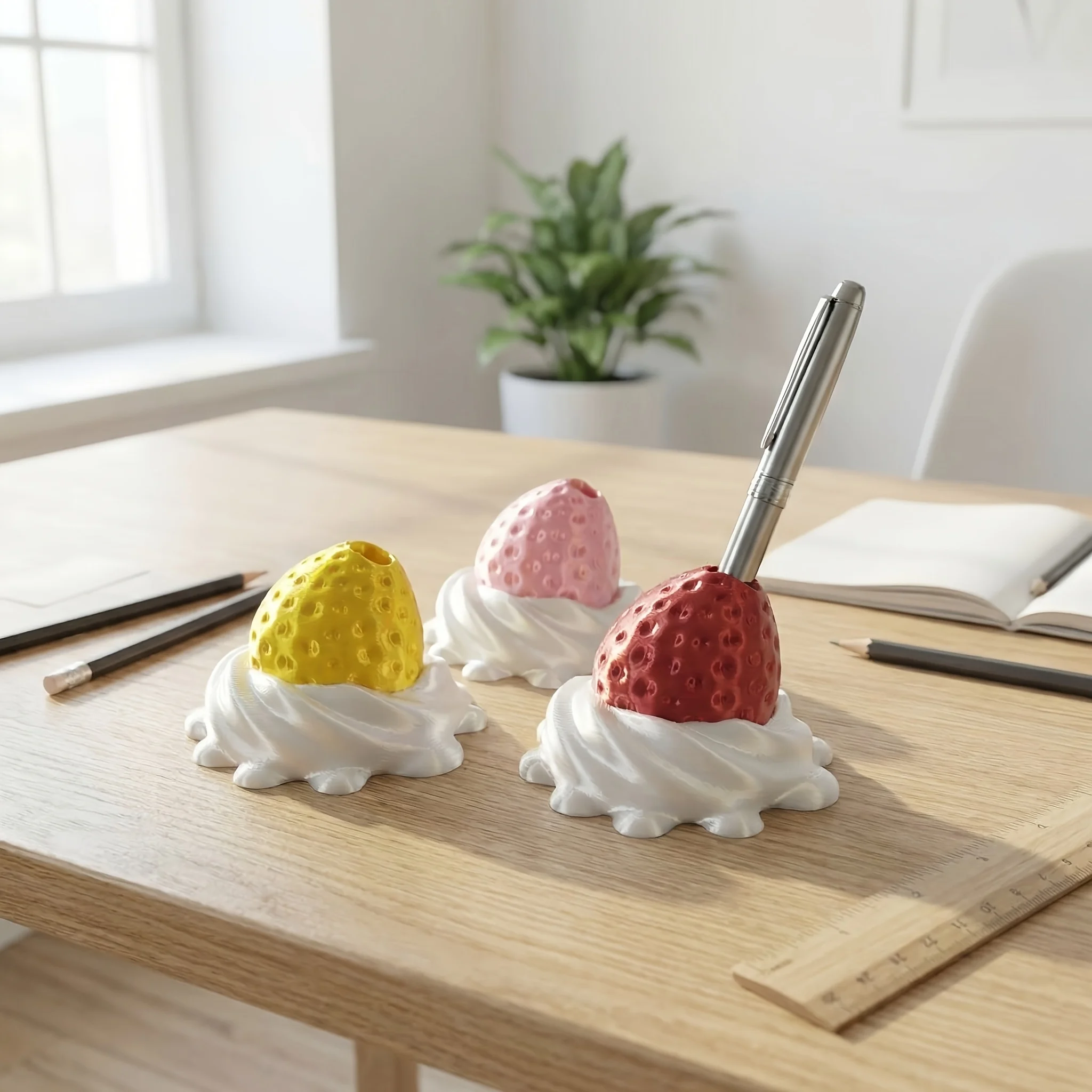 3D-Printed Strawberry Pencil Holder with Realistic-Looking Whipped Cream—A Creative Desktop Ornament and Gift