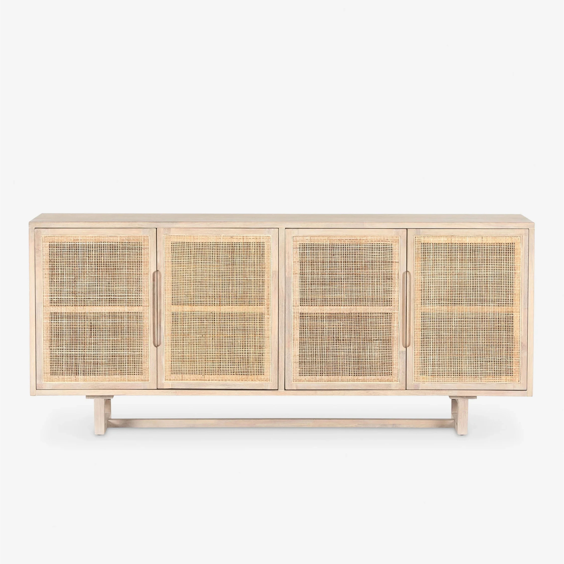 ^Wash-white Oak Four-door Woven Dining Side Cabinet  Living Room Long Wooden Storage TV Cabinet