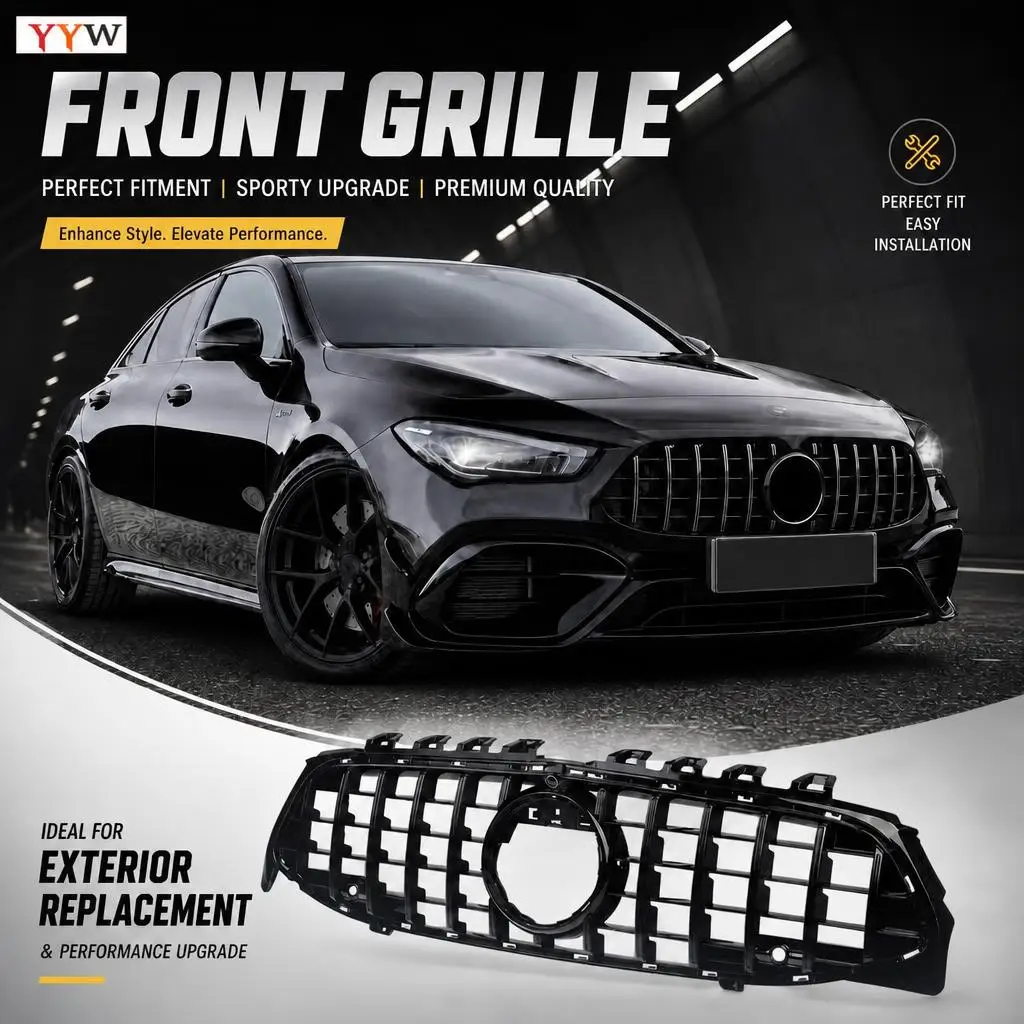 GT-Style Glänzend Schwarzer Frontgrill für Mercedes Benz CLA-Klasse W118 C118 X118 2020-2023 ABS-Kunststoff Ersatzgrill