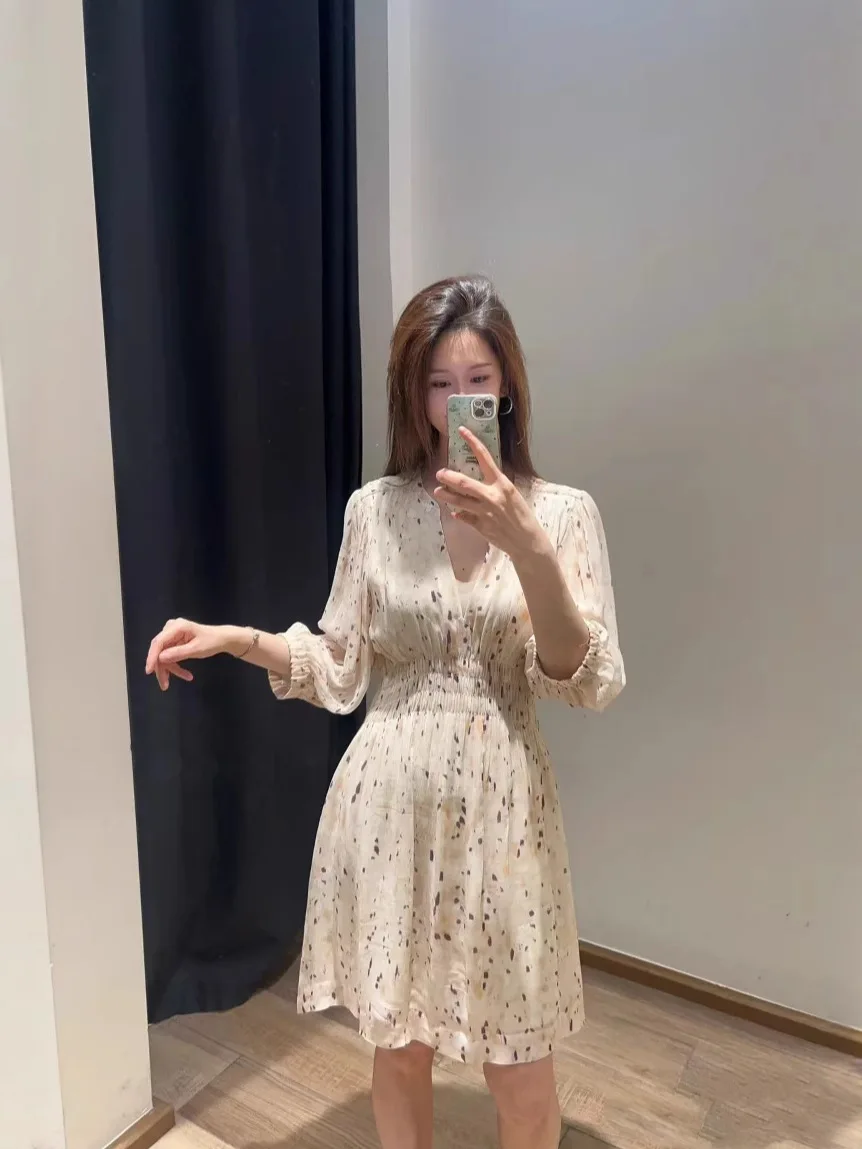 Ele Floral Print V-Ne ort Dr Damska spódnica letnia o kroju litery A, wyszczuplająca talię, z wysokim stanem, z włókna poliestrowego, nowość