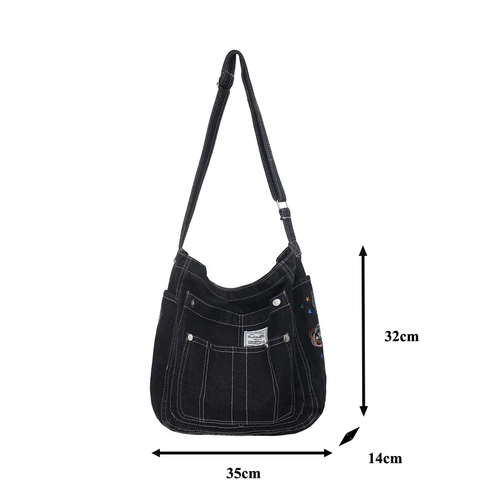 Y2K Denim Women\'s Bag Black Jeans Shoulder Cross Bag Multiple Pockets Eco Bag Korean Messenger Bags School Book Handbag Zipper