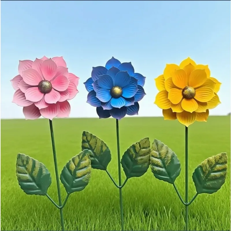 Three Color Flower Wrought Iron Garden Stake Decor Metal Art Crafts Simple Simulation Flower Plug-in for Yard Lawn
