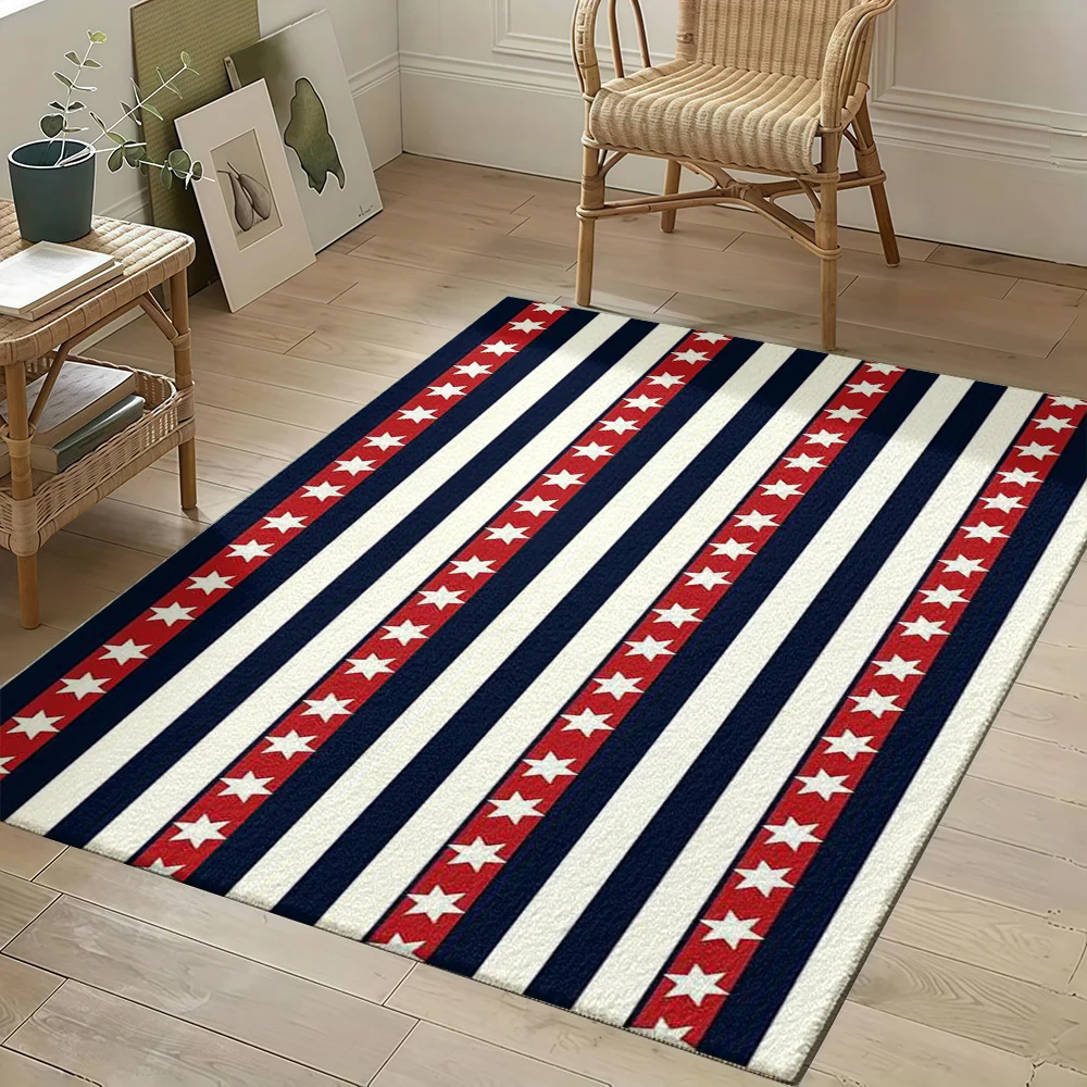 VIKAMA Patriotic Star Stripe Rug,Non‑Slip Mat,Red Blue White Vertical Star Striped Carpet for Living Room Bedroom Indoor Decor