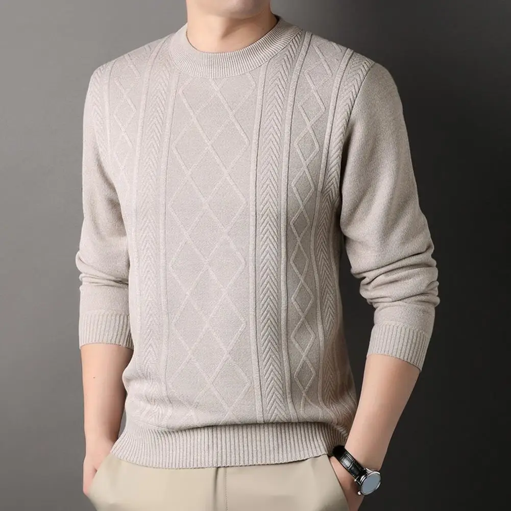 Men Crewneck Sweater Cozy Knitted Sweater for Fall Winter Round Neck Long Sleeves Solid Color Thick Stretchy Loose Fit for Wear