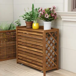 Stylish Air Conditioning Decorative Rack, Carbonized Wooden Flower Stand, Grid Louver Shelf for Gardens, Home Organizer