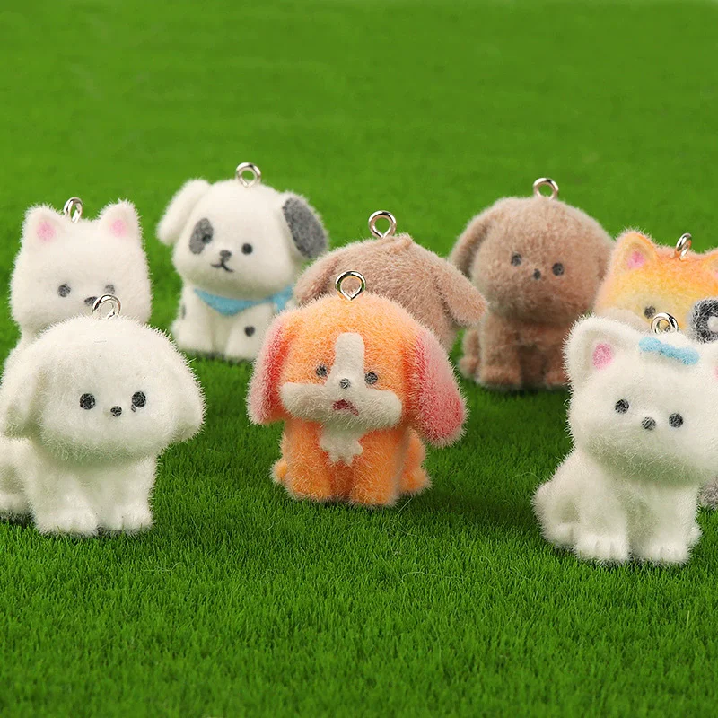 5pcs Flocking Little Dog Resin Charms Animal Pendant DIY Phone Chains Keychain Earring Accessory for Jewelry Making Findings