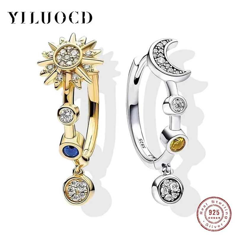 YILUOCD 925 Sterling Silver Sun and Moon Hoop Earrings for Women Sparkling Crystal Zirconia Huggie Earrings Fine Jewelry Gift