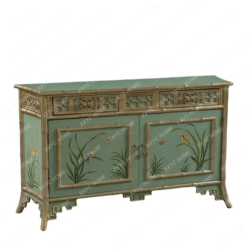 Classical Cyan Hand Painted Bird-and-Flower Painting Double Door Hallway Chest of Drawers American Country Solid Wood Sideboard