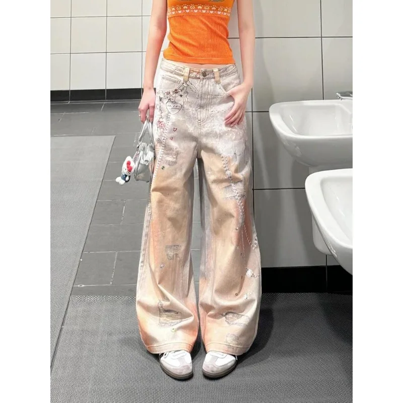 

High Waist Wide Leg Jeans New Fashion Women 2025 Summer Trendy Lace Metal Chain Print Unique Design Straight Jeans