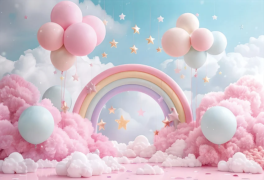 Mehofond Photography Backdrop Pink Balloon Rainbow Decor for Newborn Birthday Party Stars White Clouds Cake Smash Backgrounds