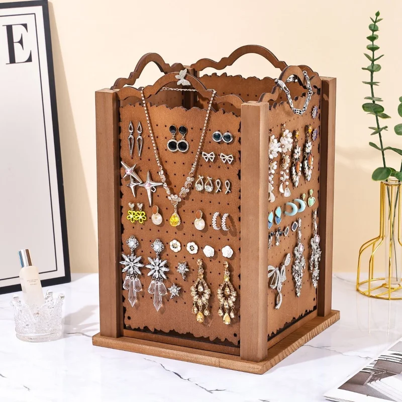 Wooden Jewelry Organizer Stand Rotatable Jewelry Display Stand Retro Necklace Display Rack Large Capacity Earrings Storage Box