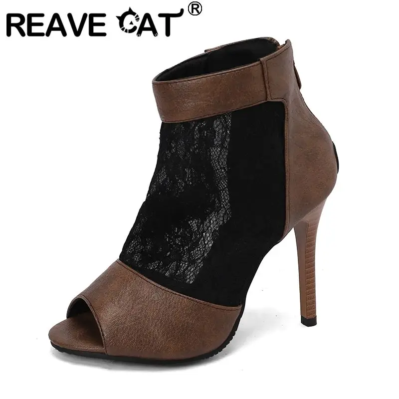 REAVE CAT Design Women Ankle Boots Peep Toe Stiletto 11cm Zipper Breathable Summer Booties Plus Size 48 49 50 Party Female Shoes