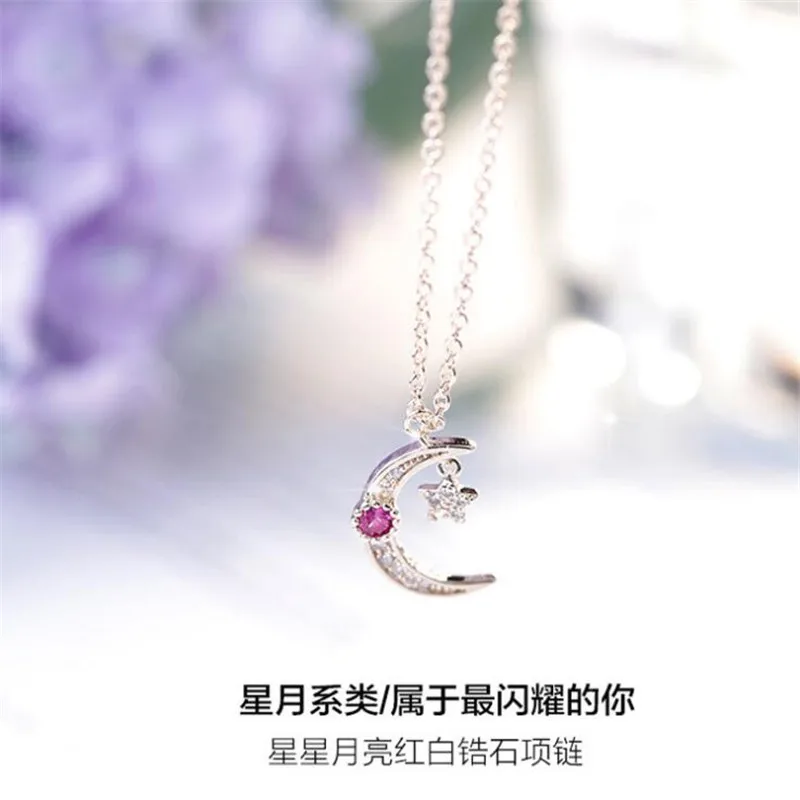 New Temperament Moon And Star 925 Sterling Silver Jewelry Not Allergic Rose Gold White And Pink Crystal Women Necklaces  HZX549