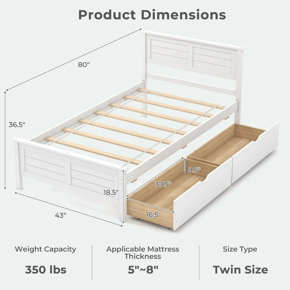 Wood Twin Bed with 2 Storage Drawers, Solid Wood Platform Bed with Headboard, Wooden Slats Support Mattress Foundation