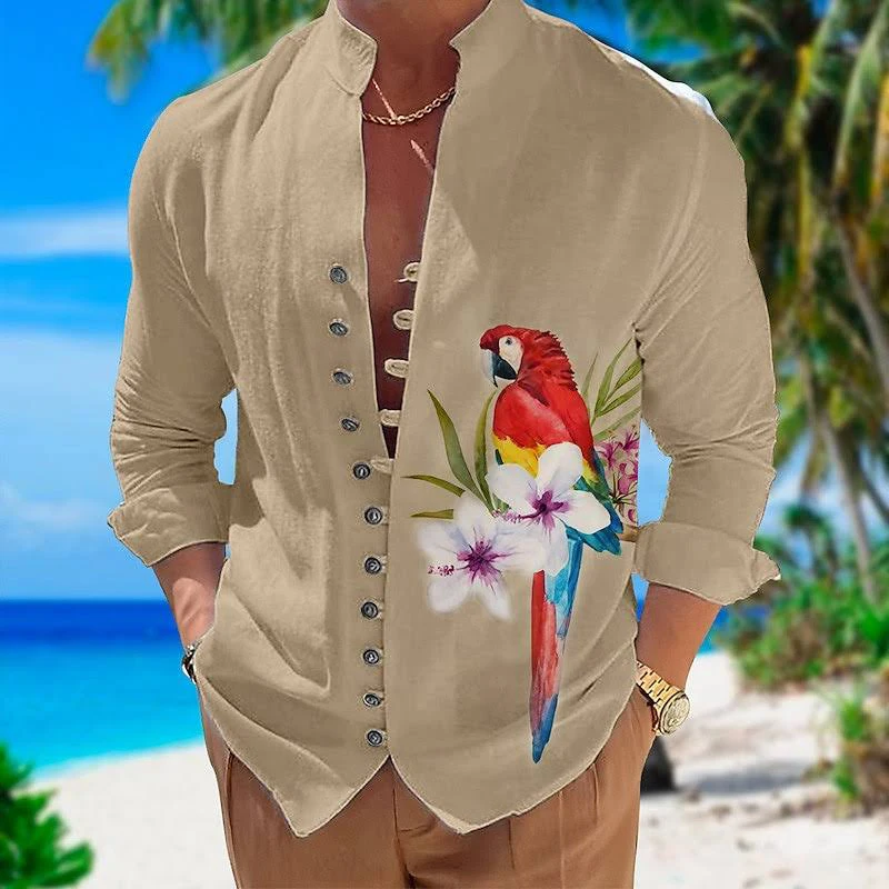 

Men 3D Printed Single Breasted Shirts Male Fashiong Standing Collar Long Sleeve Shirt Casual Loose Cardigan Vintage Tops Camisas