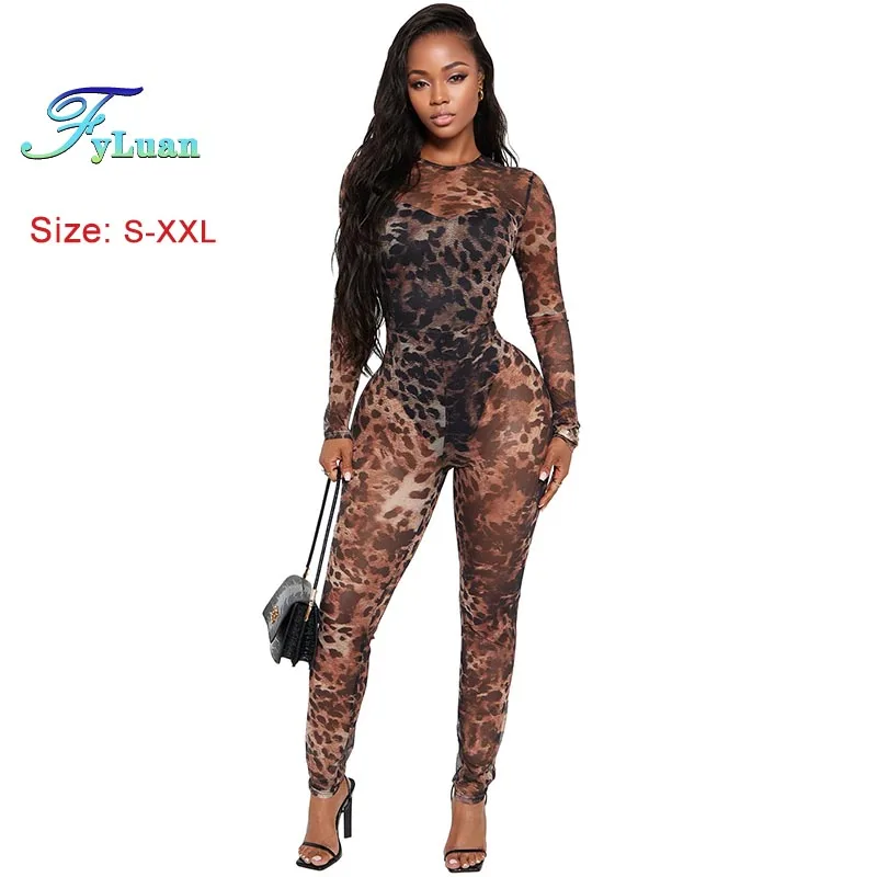 مثير Bodycon حللا ملابس حريمي ليوبارد شبكة طباعة شبه منظور الانتقال دعوى طويلة الأكمام ارتداءها ملهى ليلي نادي الملابس