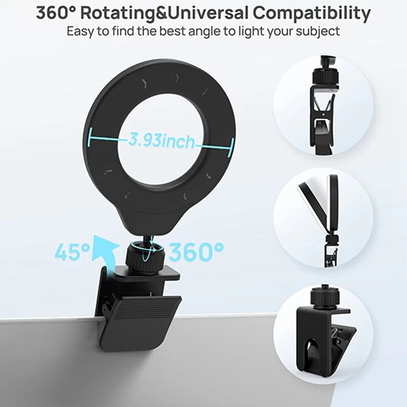 Adjustable LED Selfie Light Vedio Lamp with Clip on Laptop Computer for Live Streaming Self Broadcasting Conference Chat-A23U