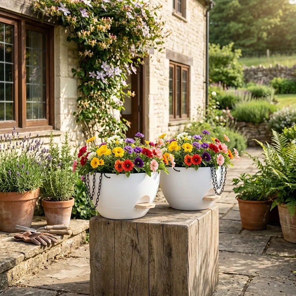White Self Watering Hanging Planters 2 Pack 20 x 20 x 11.6 cm and 25.4 x 25.4 x 15.2 cm with Hanging Chains and Saucers