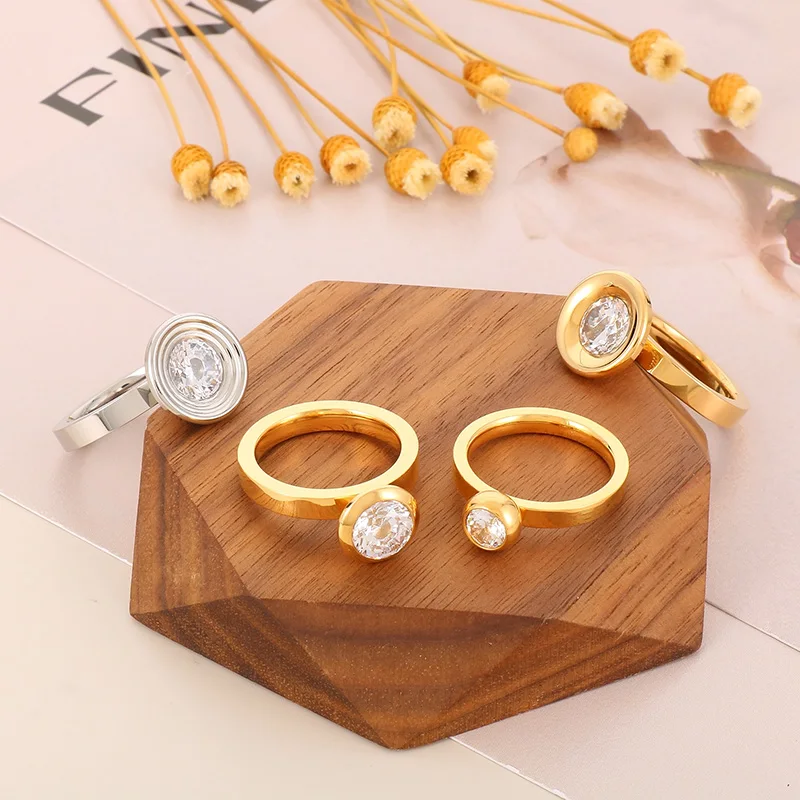 Fashion White Shiny Zircon Round Rings for Women Girl Gold Silver Color Stainless Steel Ring Elegant Unique French Jewelry Mujer