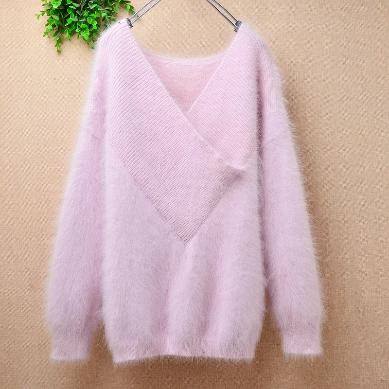 

Female Women Fall Winter Clothing Purple Hairy Angora Rabbit Hair Knitted V-Neck Slim Blouses Pullover Jumper Sweater Pull Tops