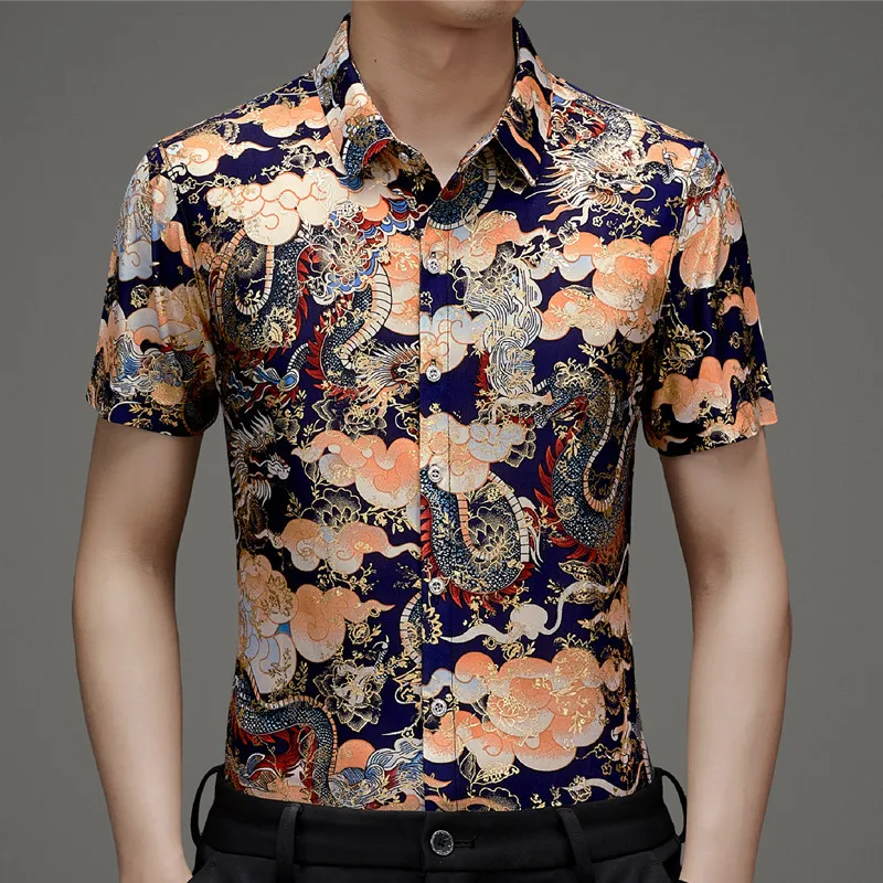 F12aged men's summer short sleeved floral shirt, loose and non ironing casual half sleeved ice silk shirt, hot pressed thin